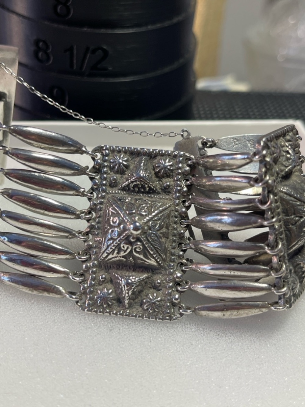 Vintage Silver panel / ladder bracelet stamped 925 Mexico with security chain